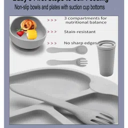 SPARKLE JOY 5 Pcs Silicone Baby Feeding Set, BPA Free & Microwave Safe Dinner Tableware Kit - Feeding Bowl, Suction Plate, Tumbler, Spoon & Fork for Kids, Toddler - Grey image 2