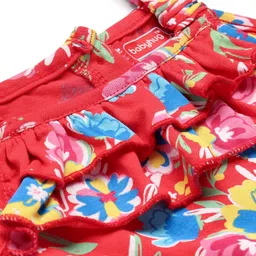 Babyhug Single Jersey Knit Sleeveless Jumpsuit with Floral Print Bow Frill & Pockets Detailing - Red image 3