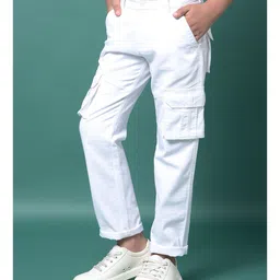 CRIMSOUNE CLUB Cotton Woven Solid Cargo Trousers - White image 4