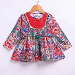 M'andy Rayon Woven Full Sleeves Peacock Printed & Sequins Embellished Kurti & Dhoti Set - Red image 4