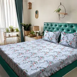 KLOTTHE Blue Printed 300 TC Flat King Bedsheet With 2 Pillow Covers - 2.70 x 2.70 m-image-84