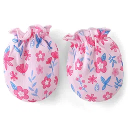Babyhug 100% Cotton Knit Cap Mittens & Booties Set Floral Print- Pink image 4