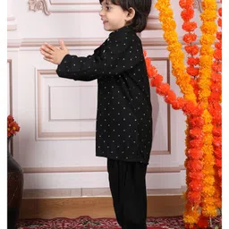 Polka Tots Cotton Full Sleeves Foil Printed Kurta & Pyjama Set - Black image 5