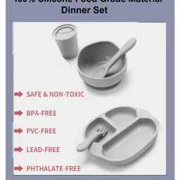 SPARKLE JOY 5 Pcs Silicone Baby Feeding Set, BPA Free & Microwave Safe Dinner Tableware Kit - Feeding Bowl, Suction Plate, Tumbler, Spoon & Fork for Kids, Toddler - Grey image 4