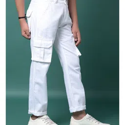 CRIMSOUNE CLUB Cotton Woven Solid Cargo Trousers - White image 5