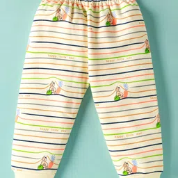 Mini Taurus Interlock Woven Full Sleeves Striped Co-ords Winter Night Suit with Bunny Print - Cream image 4