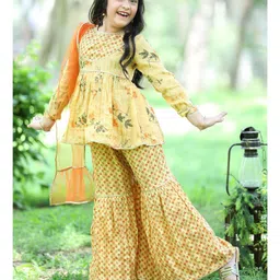 Cutiekins Cotton Blend Woven Full Sleeves Floral Printed Kurta Sharara Set With Dupatta - Yellow & Orange image 5