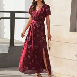 StyleCast Maroon Floral Printed V-Neck Short Sleeves Gathered Maxi Dress-picture-42