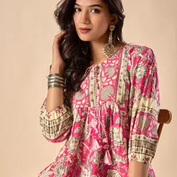 Vbuyz Women Ethnic Motifs Printed Gathered or Pleated Cotton A-Line Regular Top-picture-3