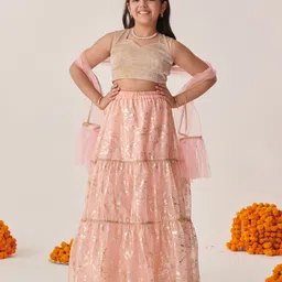Pspeaches Silk Blend Sleeveless Abstract Foil Printed Lehenga Choli With Dupatta - Peach-picture-25