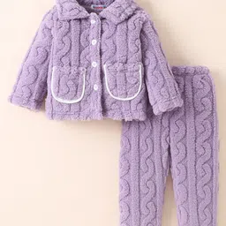 Kookie Kids Full Sleeves Collared Winter Wear Night Suit - Lilac-picture-22
