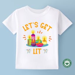BLUSHES Diwali Theme 100% Cotton Half Sleeves Lets Get Lit Text Printed Tee - White-picture-47