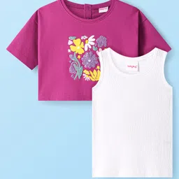 Babyhug Cotton Knit Half Drop Down Shoulder T-Shirt with Vest Sequinned Floral Detailing - Purple-image-1