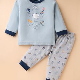 Zero Sinker Knit Full Sleeves Printed Night Suit - Light Blue-picture-32