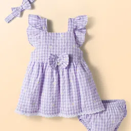 ToffyHouse Cotton Knit Frill Sleeves Checks & Floral Printed Frock With Bloomer & Headband - Lavender-picture-18