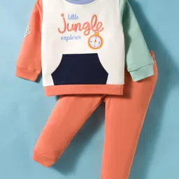 ToffyHouse Knitted Full Sleeves T-Shirt & Joggers Set with Kangaroo Pocket & Little Jungle Text Print - Coral & Beige-picture-27