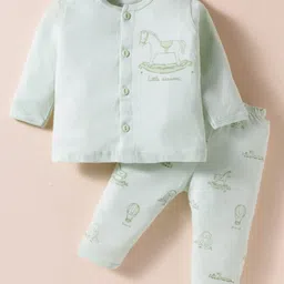 Zero Sinker Knit Full Sleeves Night Suit With Animal Print - Sea Green-picture-20