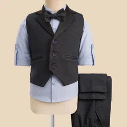 Robo Fry Cotton Woven Full Sleeves Solid 3 Piece Party Suit With Bow - Charcoal Grey-picture-32