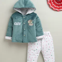 BUMZEE Cotton Blend Knit Full Sleeves Bears Embroidery Hooded Top & Pants Set - Teal & White-picture-32