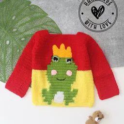 Woonie Hand Knitted Full Sleeves Frog Designed & Colour Blocked Sweater - Red-picture-11