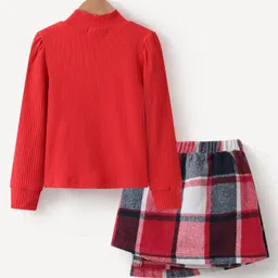 Kookie Kids Cotton Full Sleeves Turtle Neck Top & Checkered Skirt Set - Red image 2