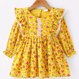 Mark & Mia Woven Full Sleeves One Piece Floral Printed Frock with Frill & Lace Detailing - Yellow image 2