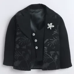 Fourfolds Cotton Blend Woven Full Sleeves Floral Designed Sequins Embellished 3 Piece Part Suit With Bow Set - Black image 3