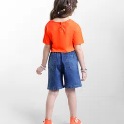 Ollington St. Sinker Knit Half Sleeves Drop Shoulder Top & Denim Shorts with Floral Print -Orange & Blue image 4