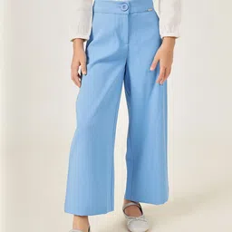 One Friday Girls Blue Solid Polyester Trouser with Buttoned Waist-picture-39