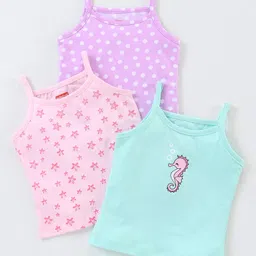 Babyhug 100% Cotton knit Sleeveless Sea Horse & Dot Printed Slips Pack of 3 - Blue Pink & Purple-picture-41