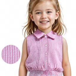 Babyhug Woven Sucker Sleeveless  Striped Front Open   Top with Smocking Detailing - Pink-picture-19