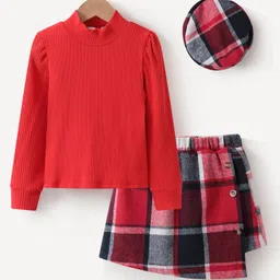 Kookie Kids Cotton Full Sleeves Turtle Neck Top & Checkered Skirt Set - Red-picture-23