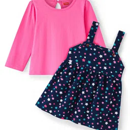 Babyhug Cotton Knit Star Printed Frock with Full Sleeves Inner Top - Pink image 1
