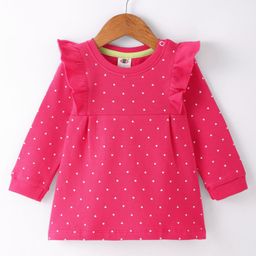 Zero Sinker Knit Full Sleeves Hearts Printed Frock With Frill Detailing - Dark Pink-picture-22