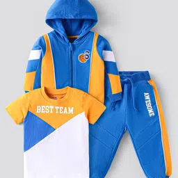 Babyhug Terry Knit Full Sleeves Cut & Sew Text Printed Hooded Sweatjacket T-Shirt & Joggers Set - Blue White & Yellow-picture-11