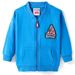 Babyhug Marvel Terry Knit Full Drop ShoulderSleeves Bomber Jacket With Front & Back Avengers Graphics Kangaroo Pockets - Blue-picture-35