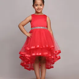Toy Balloon Kids Net Sleeveless Beads Embellished High Low Dress - Coral-picture-27