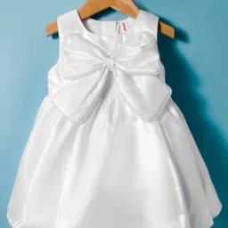 Babyhug Woven Sleeveless Solid Party Dress With Pearl Bow Appllique - White-image-22