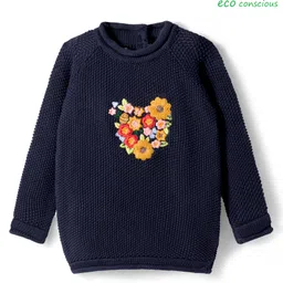 Babyoye Cotton Knit Full Raglan Sleeves Pullover Sweater with Floral Embroidery - Navy Blue-picture-10