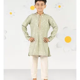 Vastramay Silk Woven Full Sleeves Floral Foil Motifs Printed Kurta Pyjama Set - Mint Green-picture-27