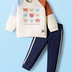 ToffyHouse Knit Full Sleeves T-Shirt & Joggers Set with Teddy Print - Navy Blue & Offwhite image 1