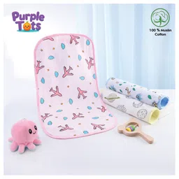Purple Tots Muslin Burp Clothes with Aeroplane Print Pack of 3 - White Pink & Light Blue-image-13