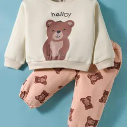 ToffyHouse Fleece Knit Full Sleeves Winter Wear T-Shirt & Joggers Set with Teddy Print - Beige & Peach-picture-18