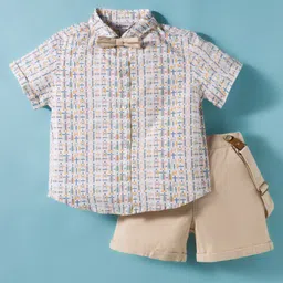 ToffyHouse Cotton Knit Half Sleeves Printed Party Shirt & Shorts Set With Bow & Suspender - Tan-picture-26