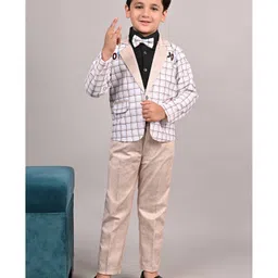 Fourfolds Cotton Blend Woven Full Sleeves Checked 3 Piece Party Suit With Bow Set - Beige-picture-18