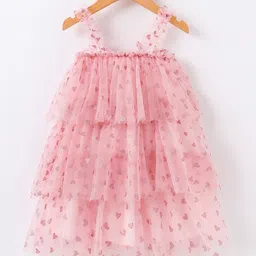 Kookie Kids Sleeveless Layered Party Frock with Glitter Heart Print Bow Applique - Pink image 2