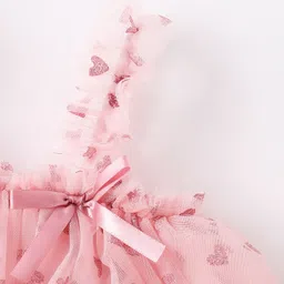Kookie Kids Sleeveless Layered Party Frock with Glitter Heart Print Bow Applique - Pink image 4