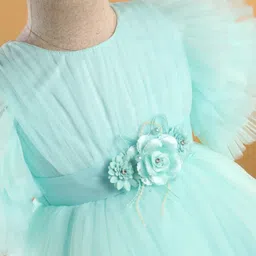 Enfance Half Sleeves Frill Detailed Floral Applique Detailed Flared Dress - Sea Green image 4