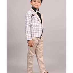 Fourfolds Cotton Blend Woven Full Sleeves Checked 3 Piece Party Suit With Bow Set - Beige image 5