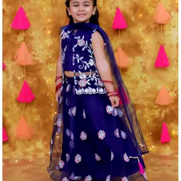 KID1 Net Woven Sleeveless Floral Embroidered Lehenga Choli With Attached Jacket & Dupatta Set - Navy Blue image 5